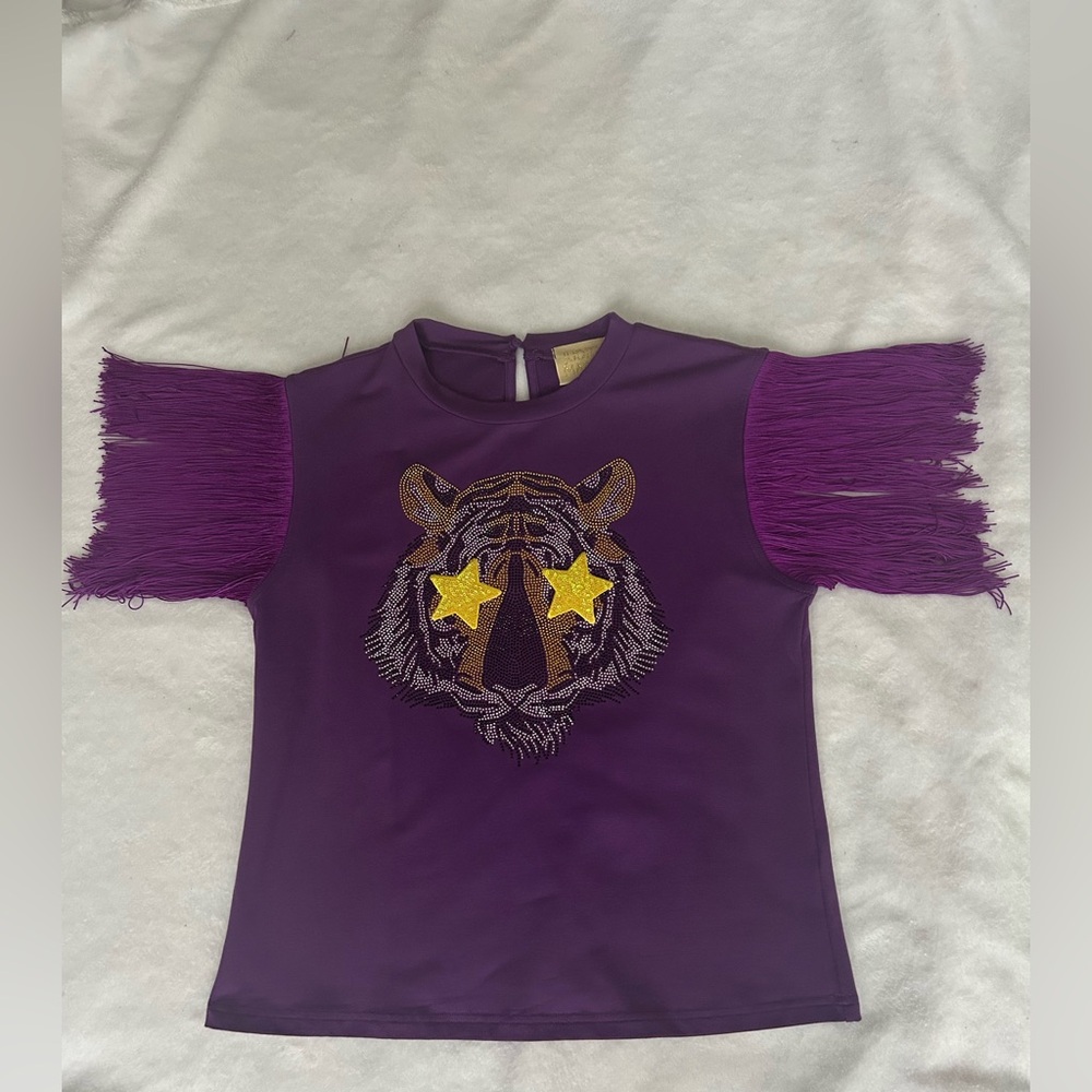 Judith March Starry Eyed Tiger Purple Shirt with Fringe Sleeves (never worn) M